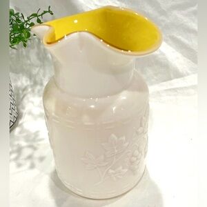 Kanawha Vintage White Milk Glass w Bright Yellow Interior Pitcher Vase. EUC